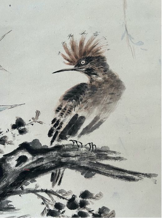 A Chinese ink and watercolour on paper scroll painting, depicting birds resting on branches. - Image 6 of 6