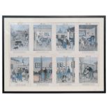 A group of Chinese coloured prints depicting figures and calligraphy within eight individual panels,