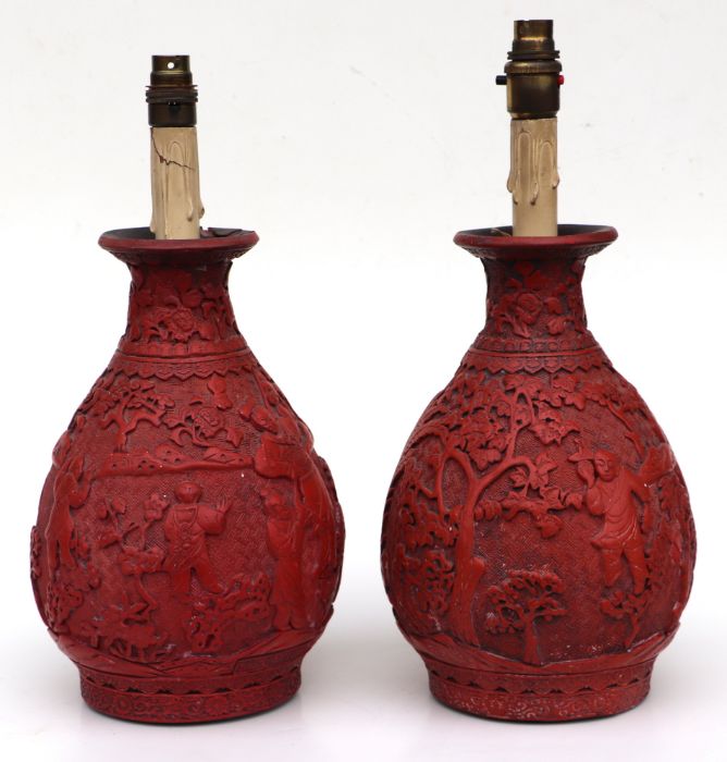 A pair of Chinese cinnabar lacquer baluster vases decorated with figures in a landscape, converted - Image 2 of 7