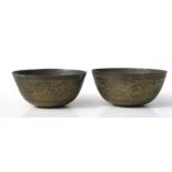 Two Chinese brass bowls decorated with scrolling dragons, six character marks to the underside,
