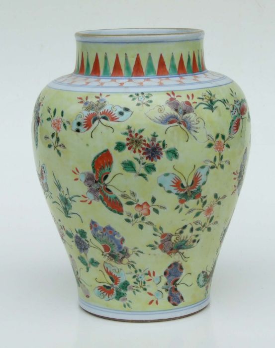 A Chinese famille rose baluster vase decorated with butterflies on a pale yellow ground, 26cms - Image 3 of 6