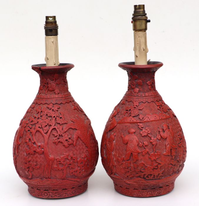 A pair of Chinese cinnabar lacquer baluster vases decorated with figures in a landscape, converted - Image 4 of 7