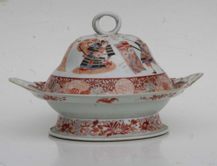 A Japanese two-handled pedestal bowl and cover decorated with Samurai warriors, six character red