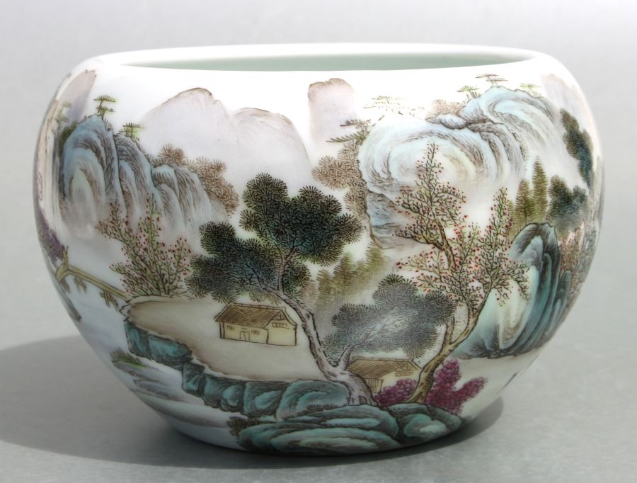A Chinese Republic style bowl decorated with figures in a landscape with calligraphy, red mark to