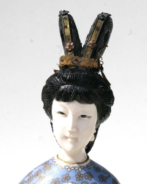 An early 20th century Chinese cloisonne figure of a robed woman with simulated ivory face and hands, - Image 5 of 8