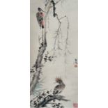 A Chinese ink and watercolour on paper scroll painting, depicting birds resting on branches.