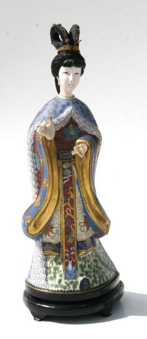 An early 20th century Chinese cloisonne figure of a robed woman with simulated ivory face and hands, - Image 6 of 8