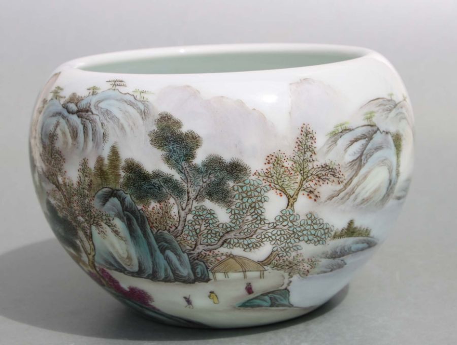 A Chinese Republic style bowl decorated with figures in a landscape with calligraphy, red mark to - Image 6 of 6