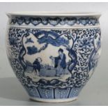 A Chinese blue & white planter or fish bowl decorated with figures and birds within panels with