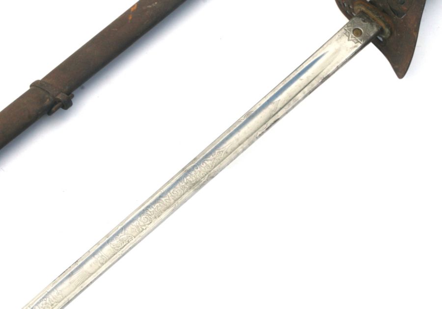 A Victorian Cavalry officer's sword with wire and shagreen handle, steel scabbard and leather - Image 4 of 7