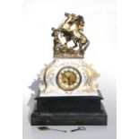 A Victorian mantle clock surmounted a gilt metal group of Marley horses, 55cms high.
