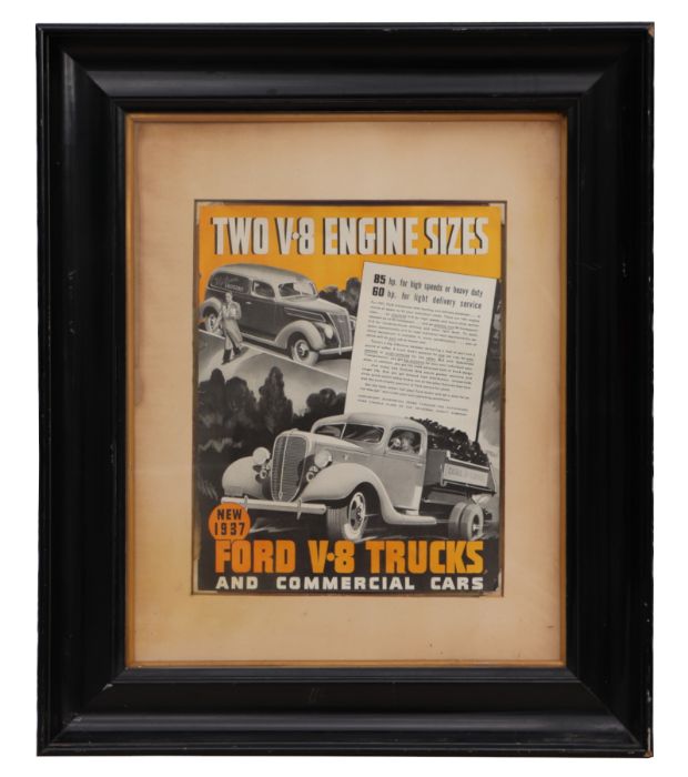 An original 1937 Ford V8 Trucks & Commercials advertising poster, framed & glazed, 27 by 35cms.
