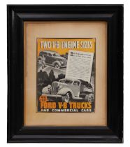 An original 1937 Ford V8 Trucks & Commercials advertising poster, framed & glazed, 27 by 35cms.