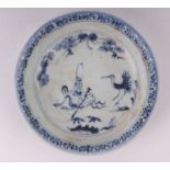 A Chinese blue & white shallow dish decorated with a seated Shoulau and a crane, 14.5cms diameter.