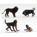 A group of Austrian cold painted bronze animals to include a monkey, 8cms long; a male lion, 11cms