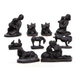A group of bronzed resin groups depicting horses, children and animals, the largest 24cms high (