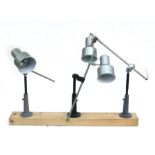 Three industrial spotlights mounted on a wooden plaque, 73cms wide.