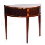 A 19th century mahogany demi-lune occasional table with marquetry inlay and two tambour fronted