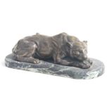 Henri Payen (French 1894-1933) a silvered bronze figure of a recumbent lioness, mounted on a figured