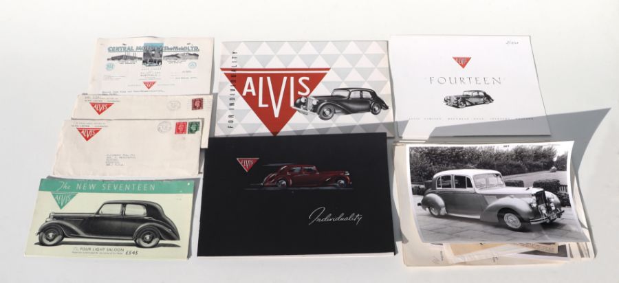 A small collection of Alvis TA14 sales brochures, press photographs, and correspondence.