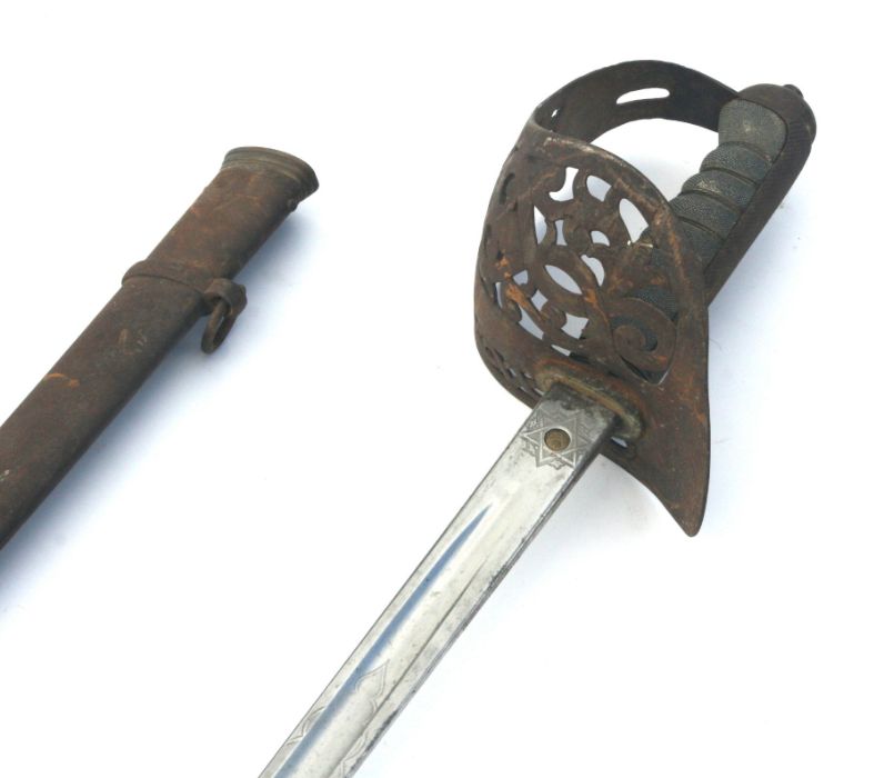 A Victorian Cavalry officer's sword with wire and shagreen handle, steel scabbard and leather - Image 3 of 7