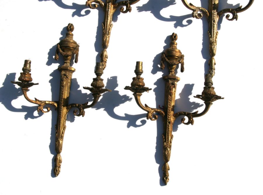 A set of four Adams style gilt metal twin-arm wall lights, 42cms high (4). - Image 3 of 3