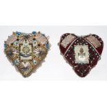 A Royal Sussex Regiment heart shaped sweetheart pin cushion; together with another similar The