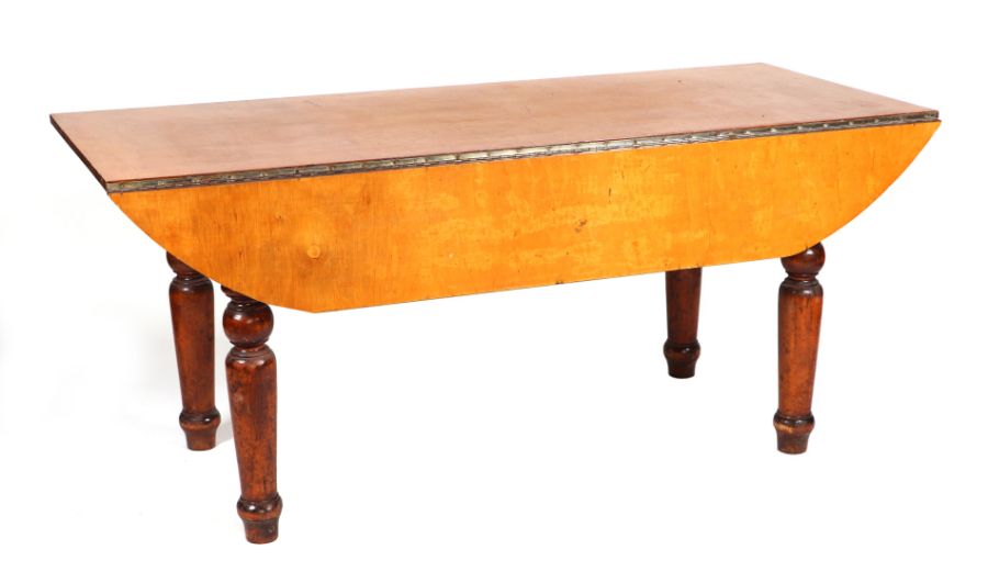 A Victorian pine kitchen table base with single end drawer with an associated birch veneered top,