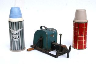 Two 1950's thermos flasks and a cast iron star fire lightening fan (3)