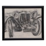 20th century English school - an original charcoal drawing of a frontal view of a MGTC, framed &