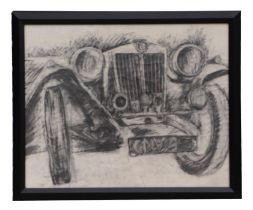 20th century English school - an original charcoal drawing of a frontal view of a MGTC, framed &