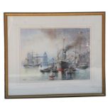 A W Smith (20th century British) - Ships Moored Near Tower Bridge - signed lower left,