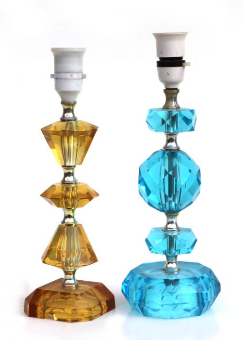 A pair of retro coloured faceted glass table lamps, the largest 33cms high (2).