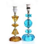 A pair of retro coloured faceted glass table lamps, the largest 33cms high (2).