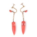 A pair of yellow metal and pink coral screw-back drop earrings.