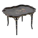 A 19th century black lacquer shaped rectangular tray with mother of pearl and painted decoration, on