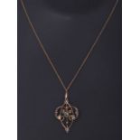 An Art Nouveau blue stone and seed pearl pendant on a fine 9ct gold chain, 3g.