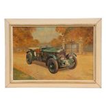 After Gerald Poulson - a coloured print depicting a 4.5 litre Blower Bentley, framed, 74 by 49cms.