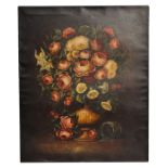 Continental school - Still Life of Roses in a Vase - oil on canvas, mounted but unframed, 62 by