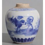 A Chinese blue & white ginger jar decorated with cattle in a landscape, 11cms high.