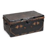 A 19th century leather covered pine trunk with stud work decoration and reinforced corners, 90cms