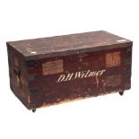 A 19th century stained pine silver chest with steel band edging and sign written 'D H Wilmer', 97cms