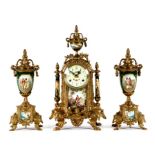 A 19th century style clock garniture, the cream dial with Arabic numerals and decorated with flowers