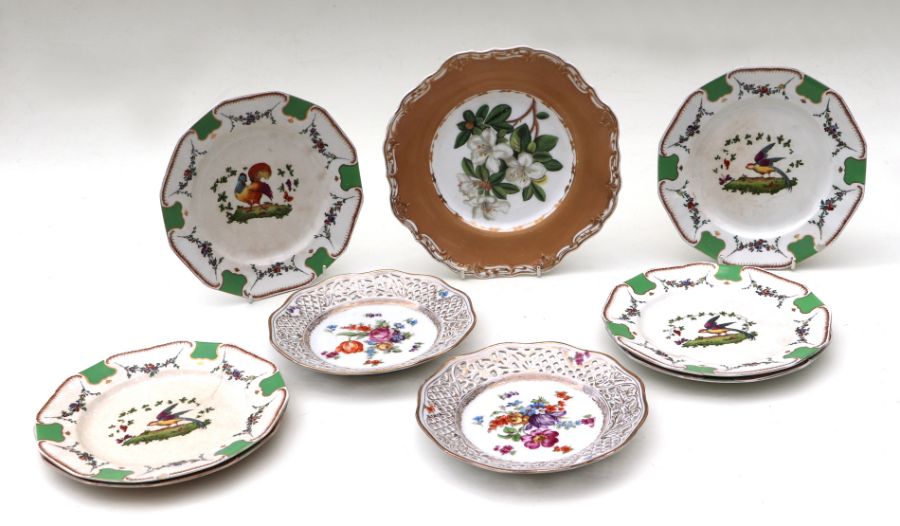 A 19th century dessert set decorated with flowers and gilt highlights, on a pale blue ground; - Image 2 of 2