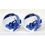 A pair of Chinese blue & white plates decorated with a cockerel and hen with banana leaves, 23cms