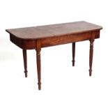 A 19th century mahogany D-end table on turned reeded tapering legs, 124cms wide.