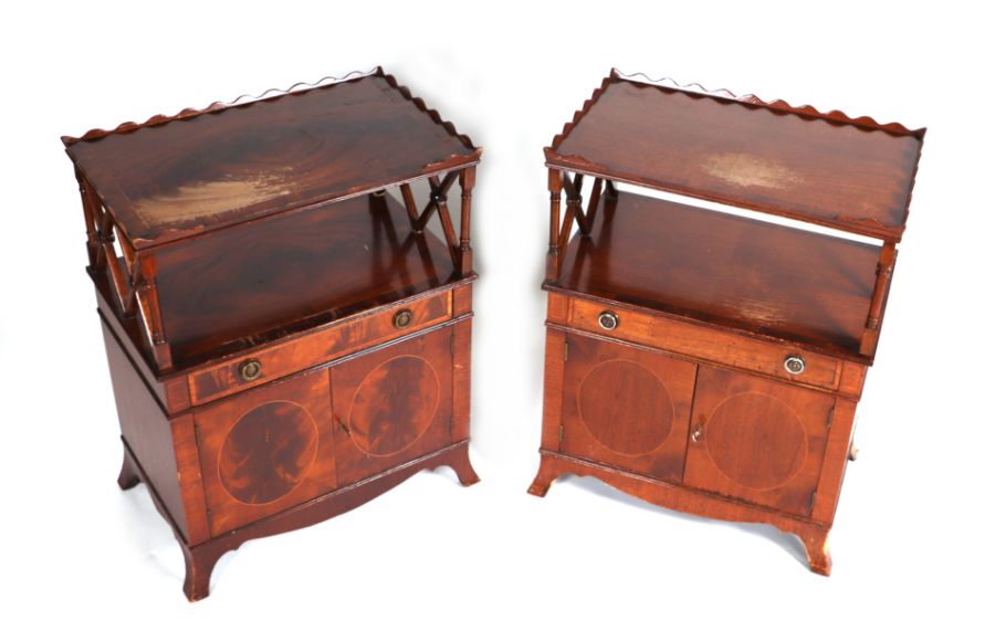 A pair of 19th century style mahogany side tables, the rectangular crossbanded galleried top above - Image 2 of 2