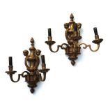 Two of cast brass rococo style wall lights, one two arm the other three arm. 45cms high (2).