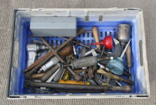 A quantity of assorted workshop tools and accessories to include oil cans, impact wrench,
