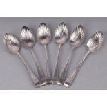 A set of George III bright cut shell bowl silver teaspoons, London 1810, and maker's mark for Robert